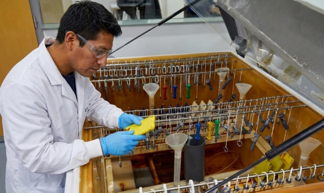Técnico operando una cámara de ensayo de corrosión con muestras metálicas